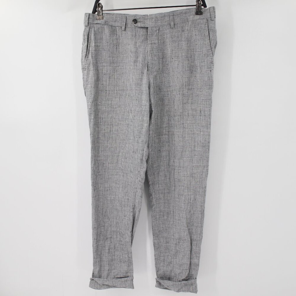 Suitsupply Pants Mens 32 L27 Brescia Turn Up Pure Linen Flat Front Trousers Gray